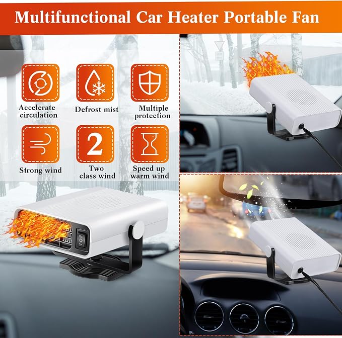 2 Pcs 12v 150w Portable Car Heater Defroster Windshield with Cigarette Lighter 360° Rotary Base 2 in 1 Heater and Cooling Fan Auto Defogger for Cars(White)
