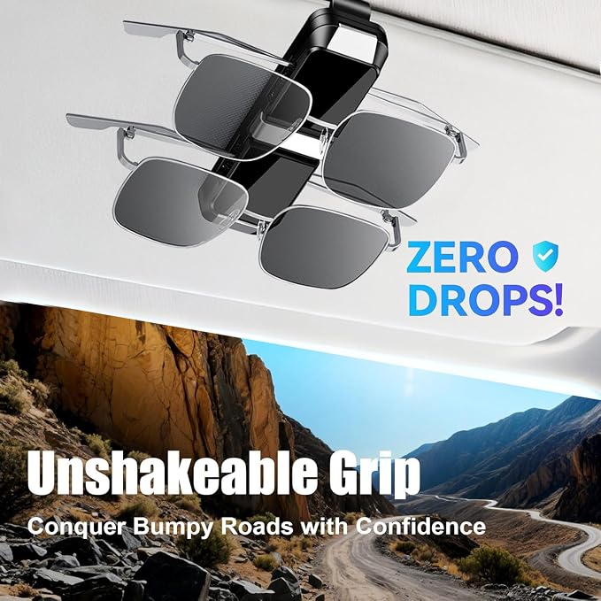 2 Pack Sunglasses Holder for Car, One-Handed-Operation Visor Sunglass Holder Clip, Easy Access Storage for Driving,Universal Fits (Double Holder - Black)