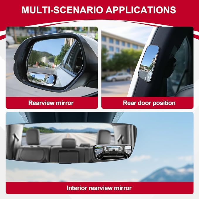 Framed Rectangular Blind Spot Mirror, HD Glass and ABS Housing Convex Wide Angle Rearview Mirror with Adjustable Stick for Universal Car (2 pcs)