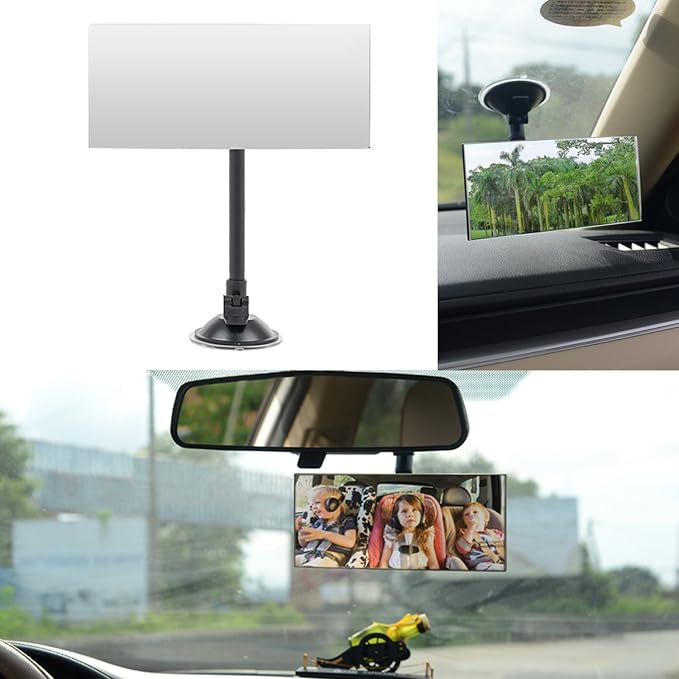 Suction Cup Baby Car Mirror, Adjustabe Long Arm HD Glass Convex Wide Angle Interior Rearview Baby Rear Facing Mirror (Frameless Rectangle, Large, 6.7" X 2.9")