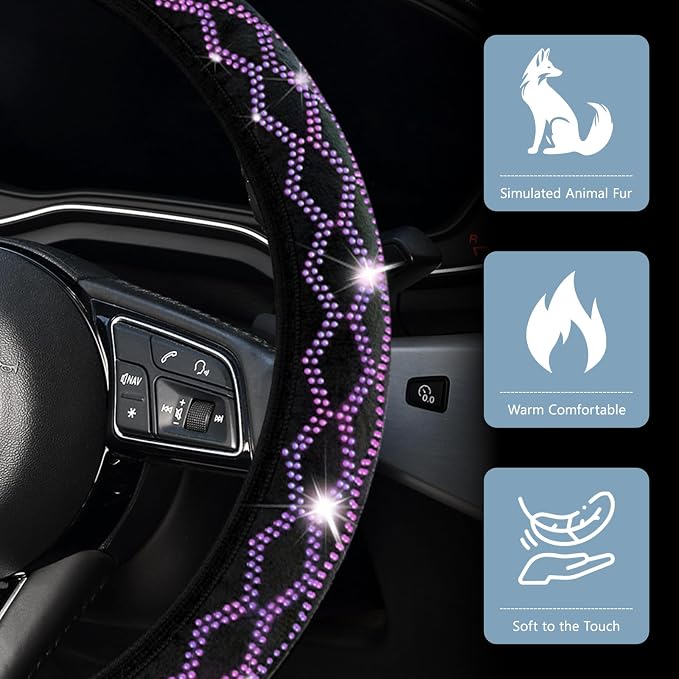Bling Rhinestone Steering Wheel Cover with Crystal Diamond for Women, Sparkling Car Wheel Protector Universal Fit 15 Inch (Black with Purple Diamond, Standard Size(14"" 1/2-15"" 1/4))