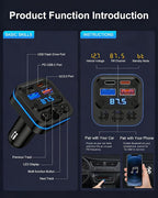 Bluetooth Fm Transmitter for Car, 54w Fast Charging, Blue Tooth 5.4 Car Charger USB-C USB-A Multi Ports, Wireless Radio Aux Cigarette Lighter Adapter Auxiliary for Samsung Galaxy Android iPhone Apple