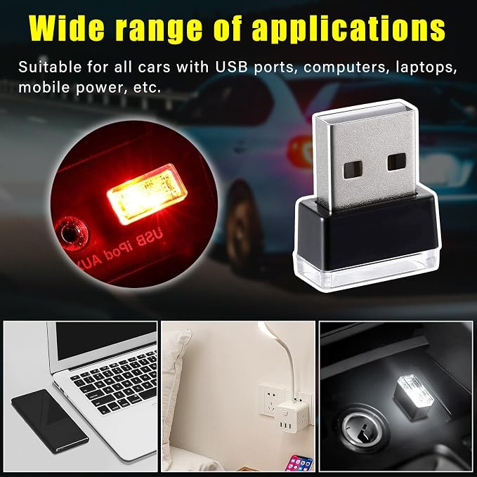 4 PCS USB LED Car Interior Atmosphere Lamp, Plug-in USB Decor Night Light, Portable Auto Ambient Lighting Kit, Universal Vehicle Interior Accessories for Most Cars (White & Red)
