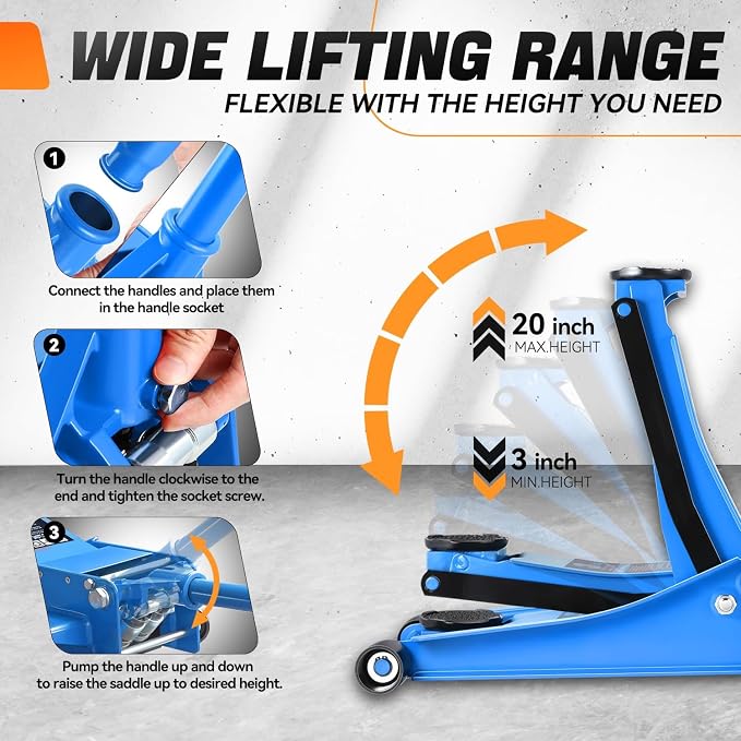 3 Ton Low Profile Floor Jack, Heavy Duty Steel Hydraulic Car Jack with Dual Pistons Quick Lift Pump, Hydraulic Racing Floor Jack, Lifting Range 3" to 20", Blue