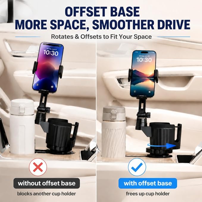 Universal 2-in-1 Car Cup Holder Expander Heavy Duty Adjustable Offset Base Tablet Mount for 4.5-13" Devices, Fits Large 32/40 oz Insulated Mugs and Bottles, Truck & SUV Interior Accessories