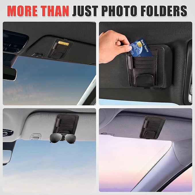 Sunglass Holder for Car Visor, Multi-Pocket Leather Car Sun Visor Organizer with Ticket Pens Card Clip, Sunglasses Holders,Suitable Eyeglasses,Car Accessories Keep Tidy (Black)