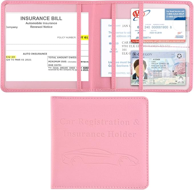 Car Registration and Insurance Holder, Car Accessories Vehicle Glove Box Car Organizer Women Wallet Case for Cards, Essential Document, Driver License by, Pink | for Cards