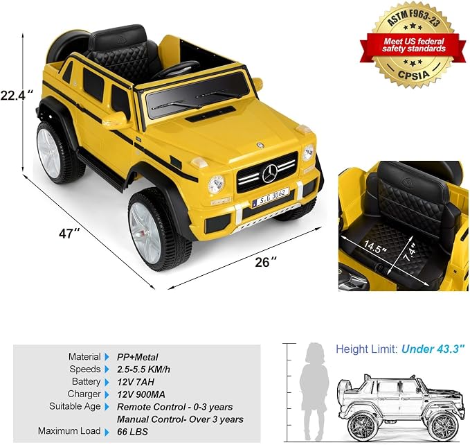JOYLDIAS Kids Ride On Cars, Licensed Mercedes-Benz Maybach G650S, 12V7AH Battery Powered Toy Electric Car for Kids W/LED Underglow Lights,Remote Control,2 Motors,3 Speeds,Music,Bluetooth,Horn, Yellow