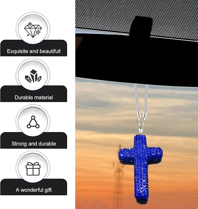 Bling Cross Car Hanging Accessories, Crystal Rhinestone Rear View Mirror Pendant, Religious Rearview Mirrors Decoration Charm, Car Hanging Ornament, Automotive Interior Accessories (Dark Blue)
