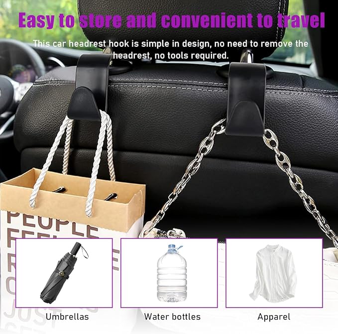 4 PCS Car Seat Headrest Hooks, Auto Backseat Organizer Hanger Holder, Vehicle Seat Back Storage Hooks for Purse Coat Umbrella Grocery Bag Handbag, Interior Car Accessories (Black)