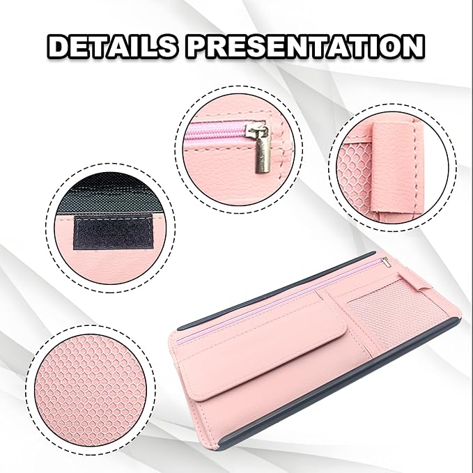 Car Sun Visor Storage Bag, Soft Leather Surface Organizer, Scratch-Resistant Auto Sunshade Organizer Bag, Can Store ID Card, Eyeglasses, Pen, Driving License etc (Pink)