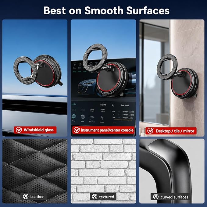 Magnetic Car Phone Holder Mount, Compatible with MagSafe, 108LBS Vacuum Suction Car Mount, 3000gf Magnetic Hold, 360° Adjustable Foldable Dashboard Windshield Phone Mount for iPhone 17-12 & Android