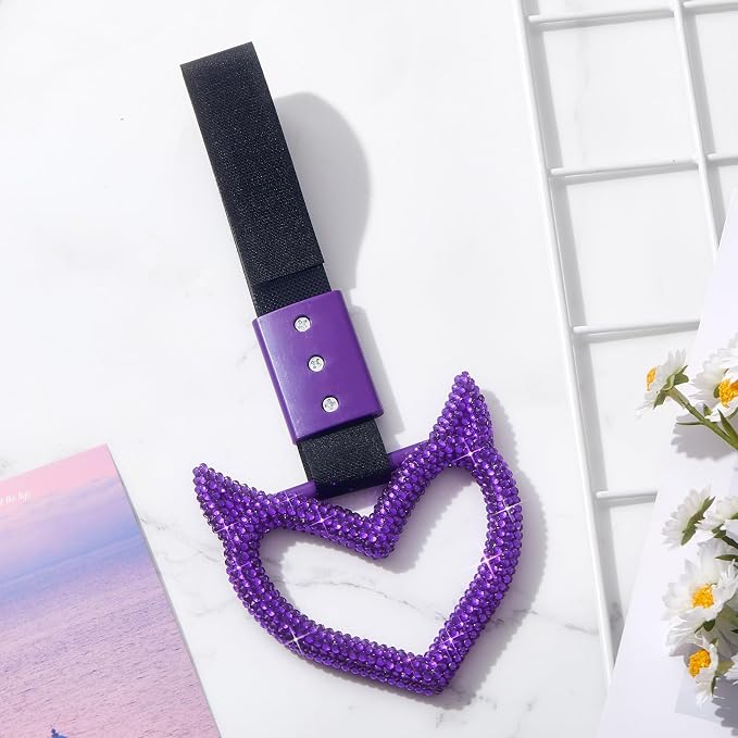 Bling Car Accessories Bling Heart Handle Ring Car Accessory for Women Heart Hand Strap Drift Charm Rear Bumper Warning Ring Decor for auto Bus Interior Exterior Decoration(Purple,Devil Style)