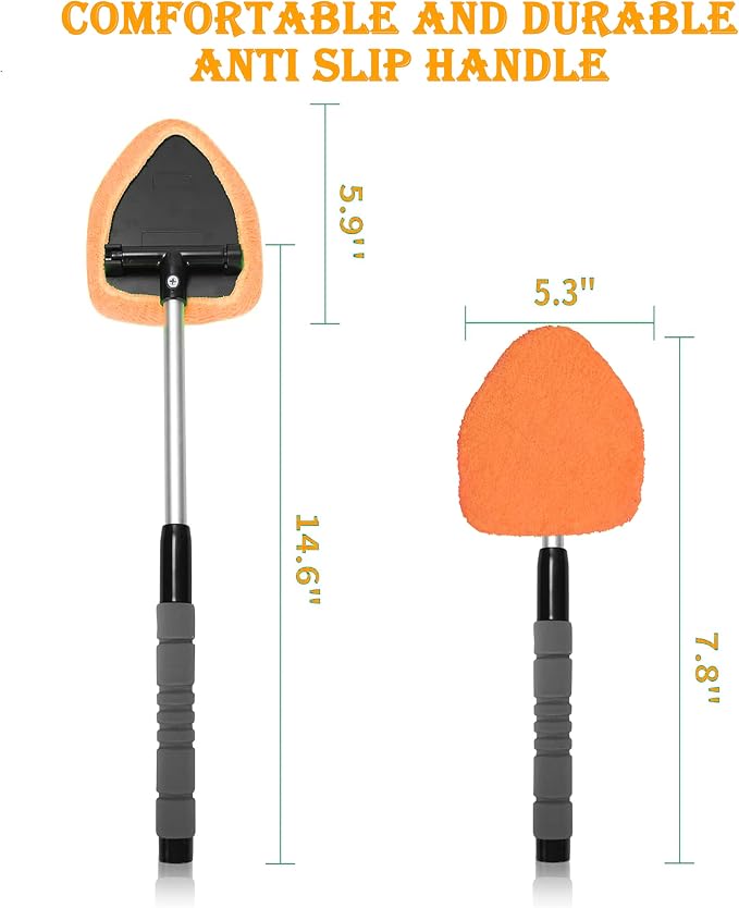 Car Windshield Cleaner Tool with Reusable Microfiber Pads Extendable Handle (1, Orange)