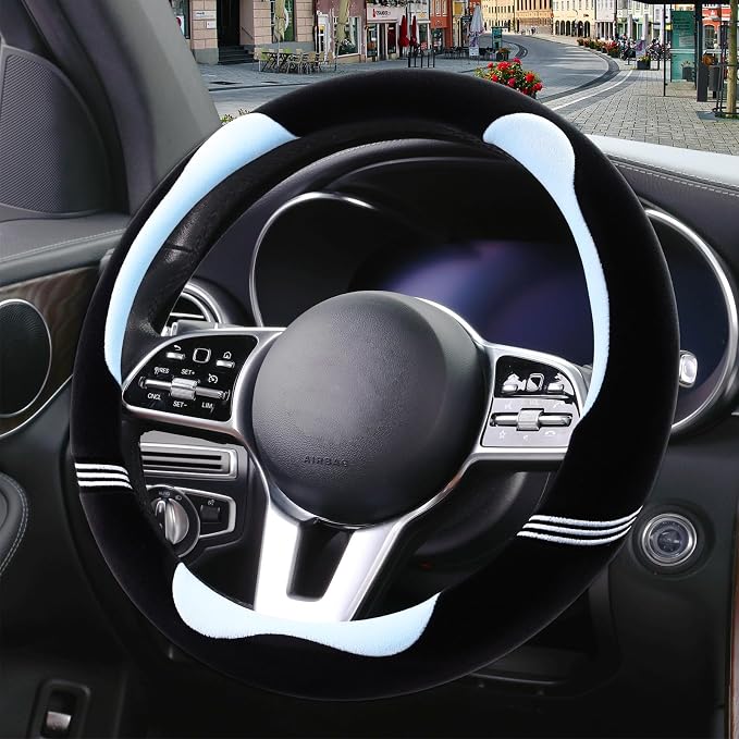 Furry Cute Soft Steering Wheel Cover 14 inch Black with Blue | Fluffy Short Plush Car Accessories, Non-Slip Cold-Proof Sweat-Proof Colorfast, Small 13.5 inch to 14 inch
