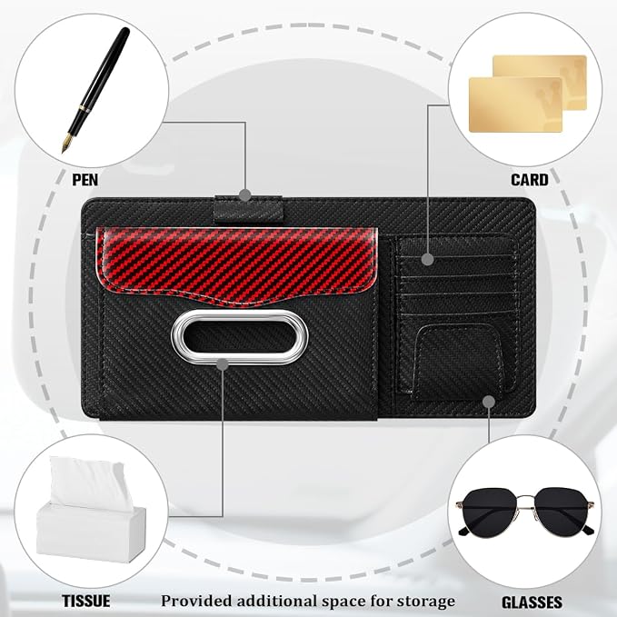 Car Sun Visor Organizer, Carbon Fiber Visor Glasses Tissue Card Holder Storage Pocket Pouch, Multifunctional Auto Sunshade Organizer Case Bag for Pens Documents Napkin, Universal Fit (Red)