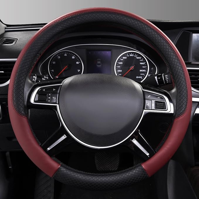 Rhombus Leather Universal Steering Wheel Cover, Fit for Suvs,Trucks,Cars,Sedans,Vans (Black&Burgundy)