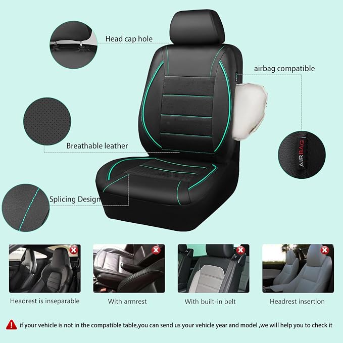 Universal FIT Piping Leather Car Seat Cover, for suvs,Van,Trucks,Airbag Compatible,Inside Zipper Design and Reserved Opening Holes (Full Set, Black and Mint)