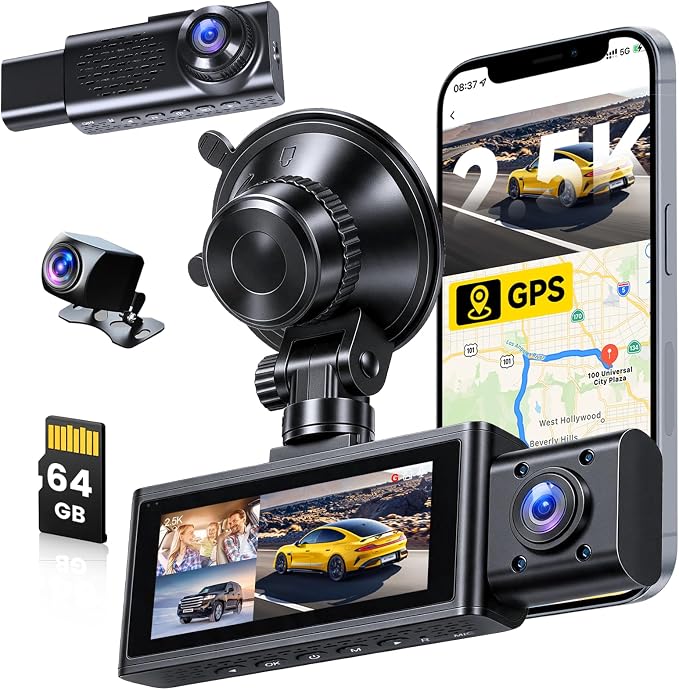 2.5K 3 Channel Dash Cam 360° View,3.16'' DashCam Front and Rear Inside Camera for Cars,WiFi & APP/GPS/Night Vision/Loop Recording/G-Sensor/24H Parking Mode/Suction Cup,Included 64G Card