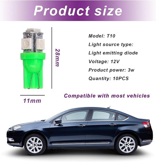 10 PCS Car Interior LED Light Bulb, T10 5050 5SMD LED Car Bulb Kit, Super Bright Automotive Led Replacement Bulbs for Dashboard Dome Map Door Courtesy License Plate Lights (Green)