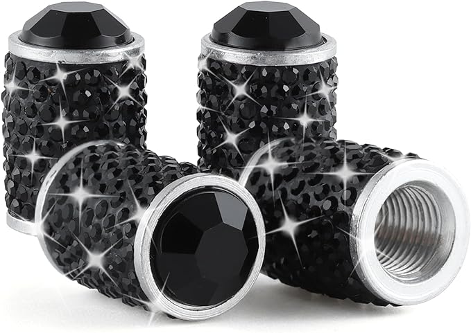 Car Wheel Tire Valve Caps, 4 PCS Bling Tire Valve Caps, Crystal Tire Caps Shinny Rhinestone for Women, Universal Car Dustproof Tire Valve Caps for Cars, Trucks, SUV and Motorcycles (Black)