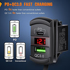 Rocker Switch Style USB Outlet LED Voltmeter Quick connector 12V PD Type C and USB QC 3.0 Cars Replacement with Inline Fuse for Switches Panel on Boats RV Truck Car