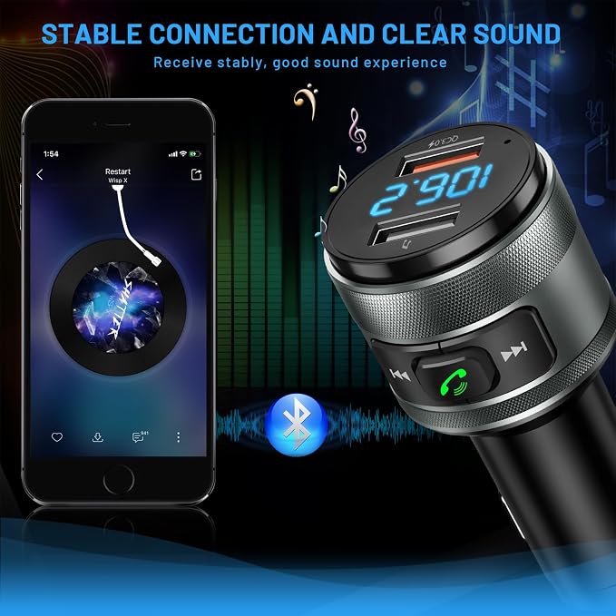 Bluetooth 6.0 FM Transmitter for Car, MP3 Music Player Wireless Radio Adapter Kit with QC 3.0 Fast Charger, Hands-Free Calling, Supports USB Drive for 12V/24V Vehicles