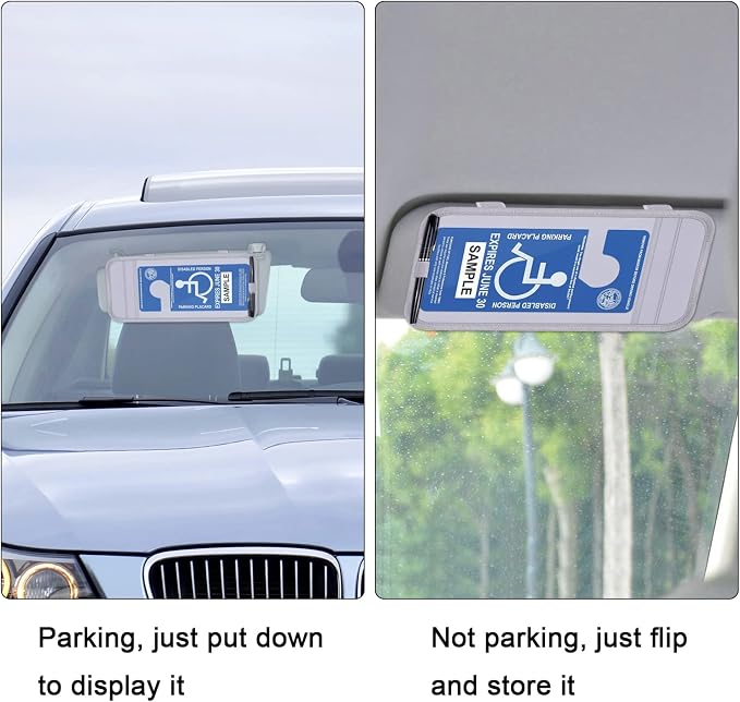 Handicap Placard Holder for Auto, Disabled Parking Permit Sign Protector for Car Sun Visor with Note Paper Slot, Pen Holder and Elastic Strap - Gray