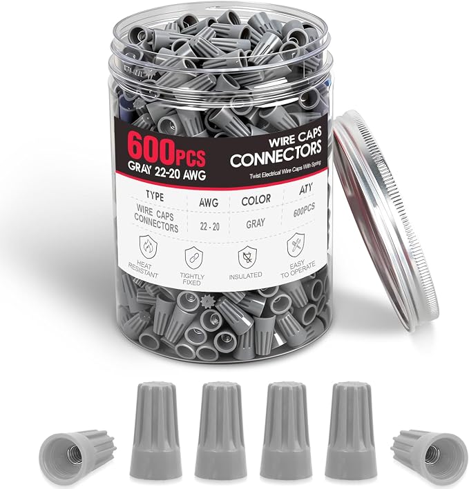 600PCS Gray Wire Connectors Kit 22-20 AWG Electric Wire Caps Insulating Insert Twist Electrical Wire Terminal with Spring for Connect Electrical Wiring Automotive Car Truck Boats Marine