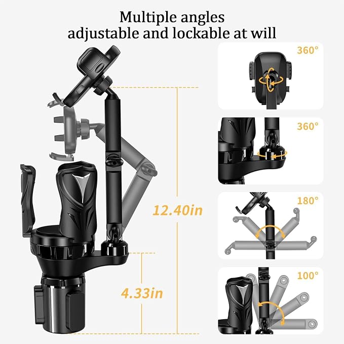 3-in-1 Car Cup Holder Expander with Adjustable Phone Mount – Universal Spill-Proof Bottle Holder & 360° Rotating Phone Stand for Large Drinks and Smartphones up to 4.1 Inches