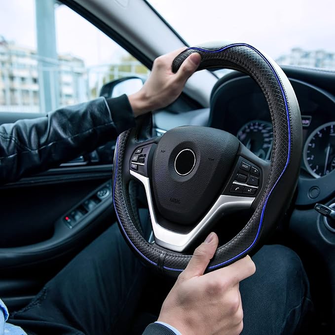 Microfiber Leather Steering Wheel Cover Anti-Slip Matte Finish Auto Car Wheel Cover Universal 15 Inch Wheel Cover for Car Embossing Pattern Blue Line