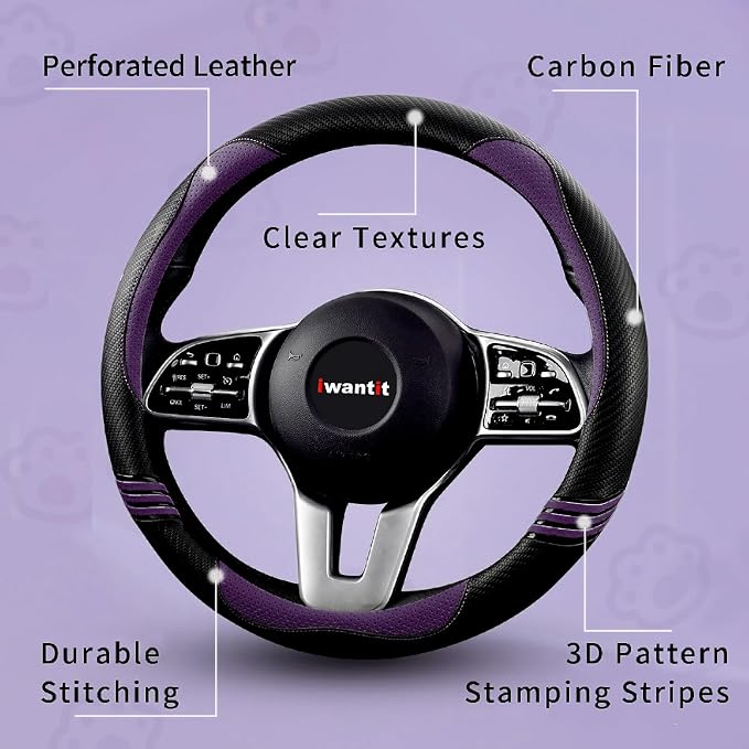 Steering Wheel Covers with Leather and Anti-Slip Rubber Ring, Universal Fit 14.5-15 inches for Cars,SUV (Purple/Black)