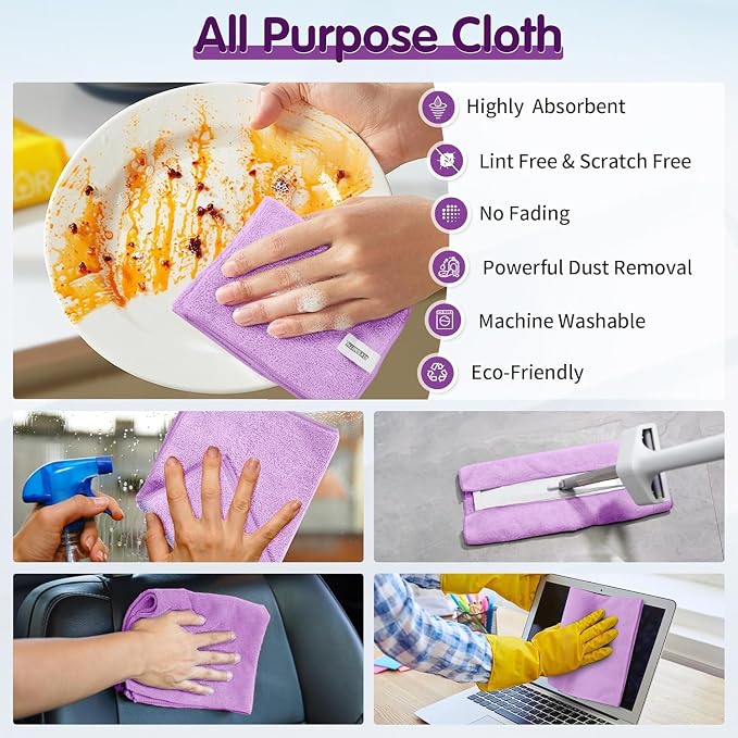 Purple Microfiber Cleaning Cloth -Pack of 12, Highly Absorbent Cleaning Rags, 16"X12" All Purpose Cleaning Towels for Housekeeping, Kitchen, Car, Lint Free and Reusable Microfiber Towels