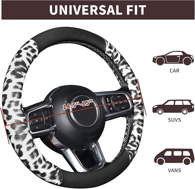 White Leopard Steering Wheel Cover, Universal 14.5-15 inch Breathable Microfiber Leather Anti-Slip Car Steering Wheel Protector for Women Men,Fit for Most Car, Trucks, SUV