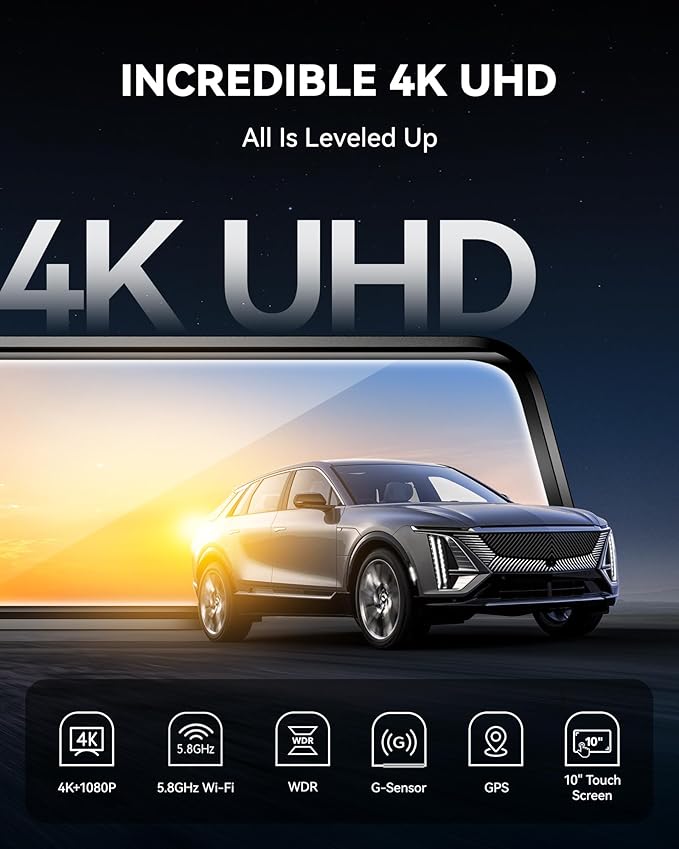 G930 10'' Rear View Mirror Camera with 5.8GHz WiFi, 4K Dash Cam Front and Rear with WDR, Touch Screen Rearview Mirror Backup Camera, Parking Monitor, Reverse Assist, Includes 64GB Card & GPS