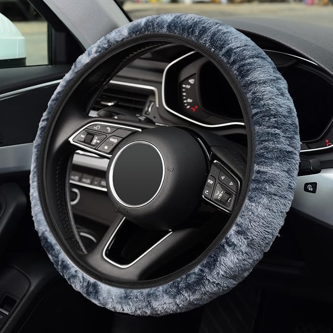 Elastic Long Microfiber Plush Steering Wheel Cover for Winter Warm, Universal 15 inch, Anti-Slip, Odorless, Gray