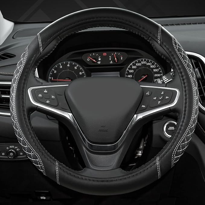 Customized Auto Car Steering Wheel Cover for Chevy Silverado,Tahoe,Equinox,Traverse,Trailblazer,Colorado(Diamond Quilted-Black+Gray-Standard Size)