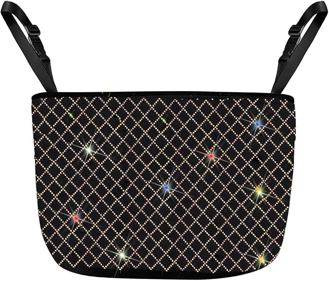 Bling Car Net Pocket Handbag Holder, Rhinestone Vehicle Backseat Purse Organizer Between Seats, Diamond Hanging Storage Bag Barrier of Pet Kids, Universal Automotive Accessories (Multicolor)