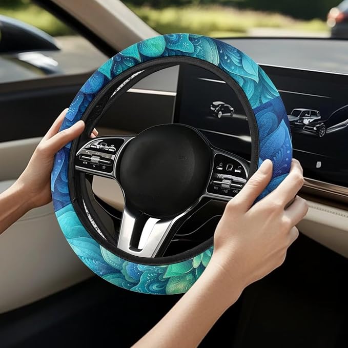 Green Bohemian Flower Steering Wheel Protection for Automotive Steering Wheel Covers, Sweat Absorption Comfort Grip for Driver Women Men
