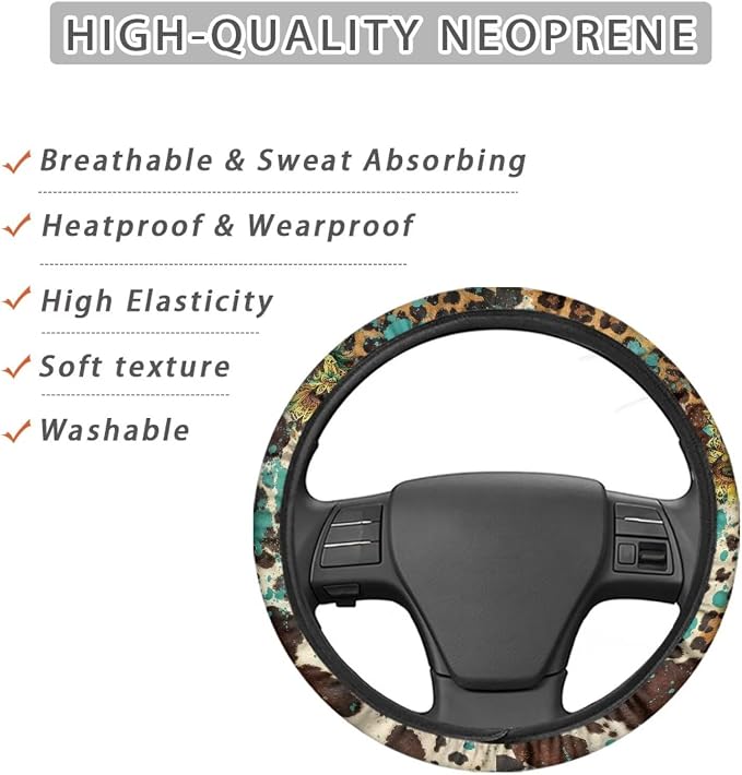 Universal Steering Wheel Cover with Elastic Edge for Women 14-15 in | Leopard Print Sunflower, Breathable Steering Wheel Protector for Cars Interior Accessories