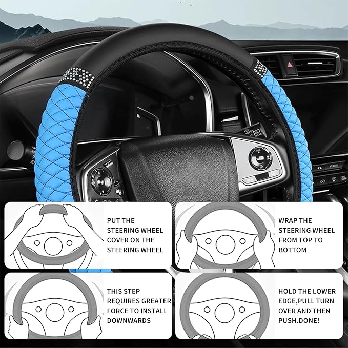 Bling Car Steering Wheel Cover, 15 Inch Rhinestones Soft Leather Elastic Steering Wheel Protector, Sparkly Crystal Diamond for Women, Car Interior Accessories for Most Cars (Blue)