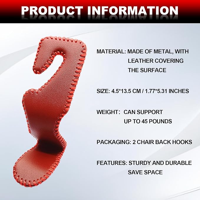 Automotive Universal 2PCS Leather Headrest Hooks, for Car Keep Purses Bags Coats and Groceries Secure Universal Fit for Most Vehicles, Red
