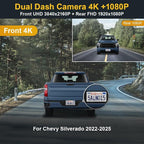 Front 4K+Rear 1080P Dash Cam Adapts for Chevy Silverado (HD2-6272, with 6 Vents) 2022-2025 & EV, OEM Look, Dual HD Video, WiFi & APP, Loop Recording, G-Sensor, Easy to Use, 128GB Card