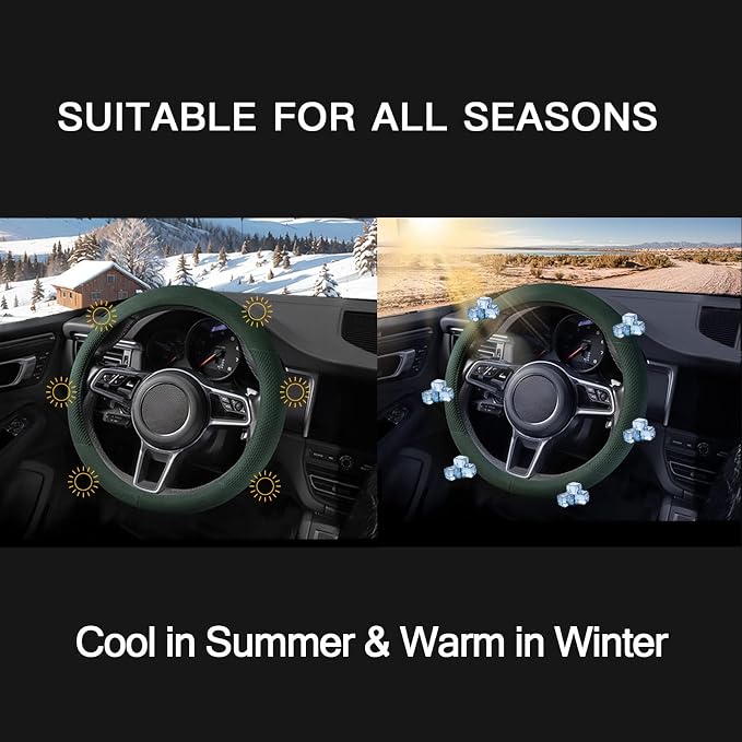 Suede Steering Wheel Cover with Upgraded Silicone Inner Ring, Breathable, Anti-Slip, Leather Universal 14.5 to 15 Inch Steering Wheel Cover (Green with Embossing Pattern)