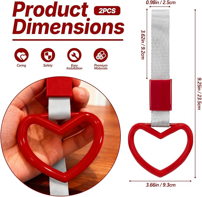 2 Pcs Heart Shaped Car Handle Strap – JD M Drift Charm Rear Bumper Warning Ring Decor for Car Interior Exterior, Subway Bus Handle Accessory, Cute Heart Car Decor Gift for Drivers (Red-Silver)