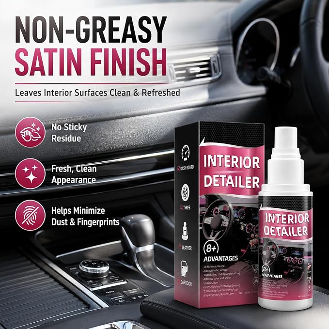 Car Interior Cleaner Spray Kit, Dashboard & Trim Detailer for Plastic, Vinyl, Rubber, Door Panels, Consoles & Finished Leather, Non-Greasy Auto Interior Cleaner with Towel & Sponge