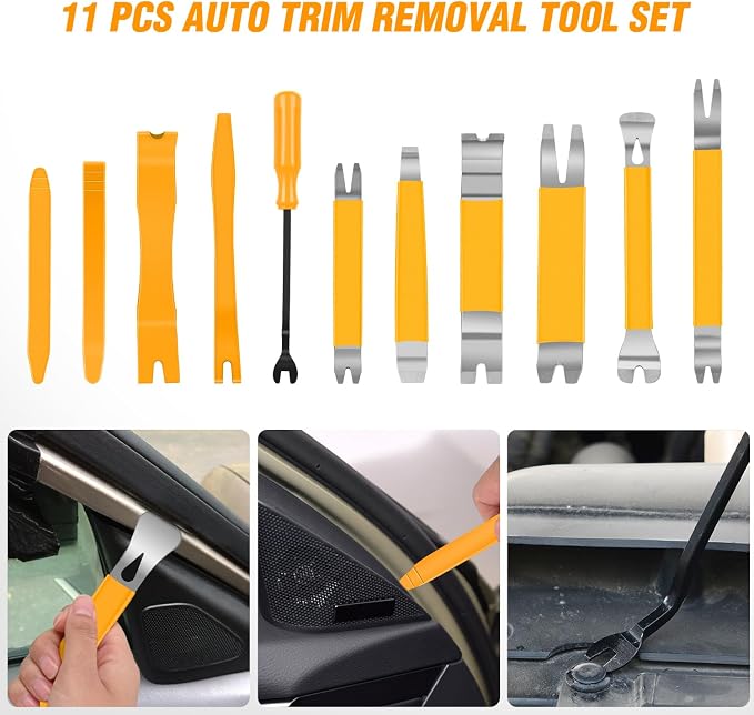 11PCS Trim Removal Tool Kit, Metal & Nylon Pry Tools Set for Car Door Panel, Dashboard, Audio, Clips, Fastener Remover w/Storage Box – Yellow