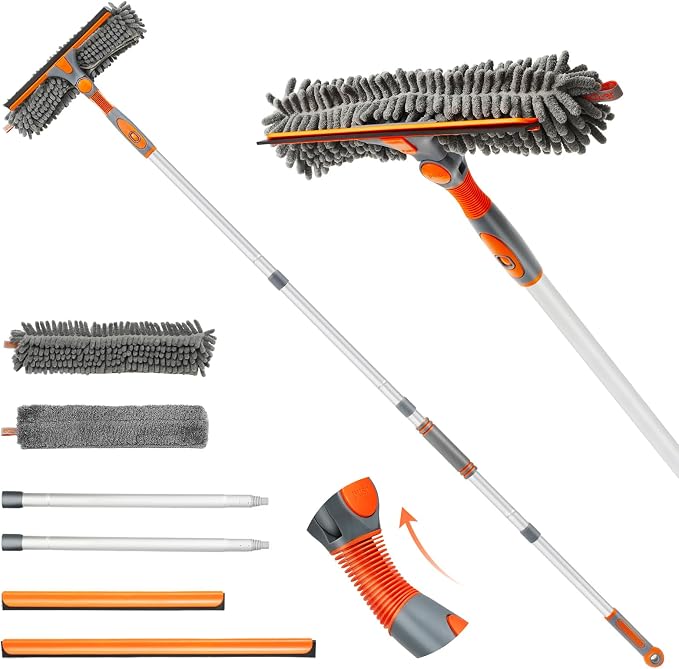 89'' Squeegee Window Cleaner 2 in 1 Rotatable Window Cleaning Tool Kit with Extension Pole, Window Washing Equipment with Bendable Head for Indoor/Outdoor Window and Car Glass