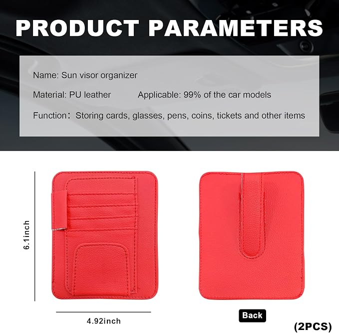 2PCS Small Leather Car Sun Visor Organizer, Multifunctional Auto Visor Document Holder with Sunglasses Clip, Universal Car Interior Organizer for Drving License, Card, Pen (Red)