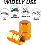 Aluminum Tire Stem Valve Caps Wheel Valve Covers Car Dustproof Tire Cap Cover Accessories, Universal for SUV, Car, Bike and Motorcycle, Hexagon Shape (4PCS Gold)